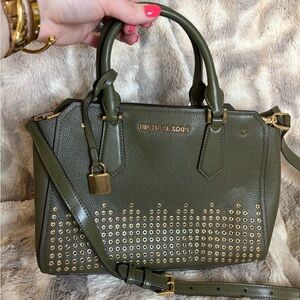 Michael Kors Olive Green Studded Satchel with Gold Hardware